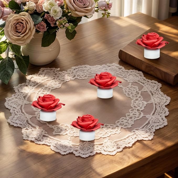 12 Pack Led Candles with Artificial Flowers, 200+Hour Battery Operated Tea Lights Candles for Centerpiece Table, Party, Wedding Anniversary Decorations (Red)