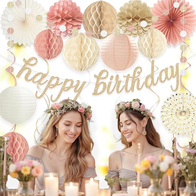 Boho Pink Happy Birthday Decorations, Pre-Strung Happy Birthday Banner with Honeycomb Balls, Paper Flowers, Lanterns, Fans, Hanging Swirls, Circle Dots Garland for Birthdays Party Decorations 24pcs