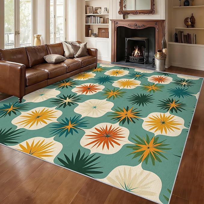 Mid Century Modern Rugs for Living Room Decor, 4x6 ft, Retro Geometric Flower Area Rugs for Bedroom, Soft Non Slip Washable 70s MCM Atomic Carpet Home Decorations D-g48