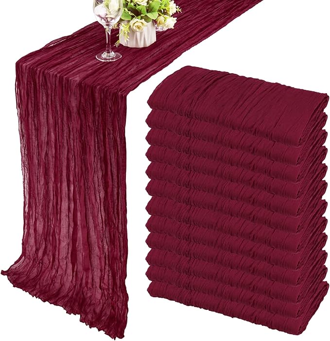 12 Pack Cheesecloth Table Runner 35x72 Inch Boho Gauze Table Runner Rustic Cheese Cloth Long Romantic Table Runners for Wedding Bridal Shower Birthday Party Table Decor (Burgundy)