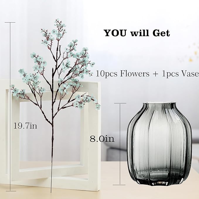 Babys Breath Silk Artificial Flowers Bulk With Vase 10pcs for Fall Decor Fake flower bouquet Bulk for Home Kitchen Indoor Bouquet Floral Arrangement Table Centerpieces Party Decor(Grey Blue)