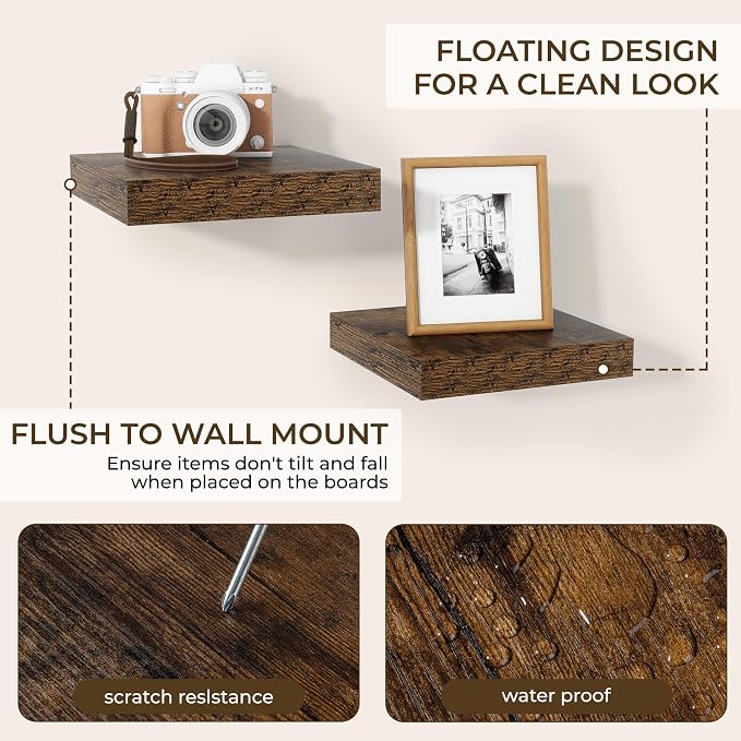 RICHFOCUS 8 Inch Floating Shelves for Wall Small Square Shelves Set for Bedroom|Kitchen|Bathroom|Wall Mounted Rustic Wood Floating Shelf with Invisible Brackets for Books|Storage|Decor, Rustic Brown