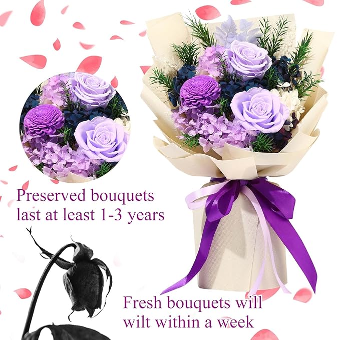 Jtoder Forever Flowers for Delivery, Preserved Blue Flower Bouquets, Long Lasting Purple Roses, Gifts Bouquet for Mother Wife Girlfriend on Festivals Birthday Anniversary