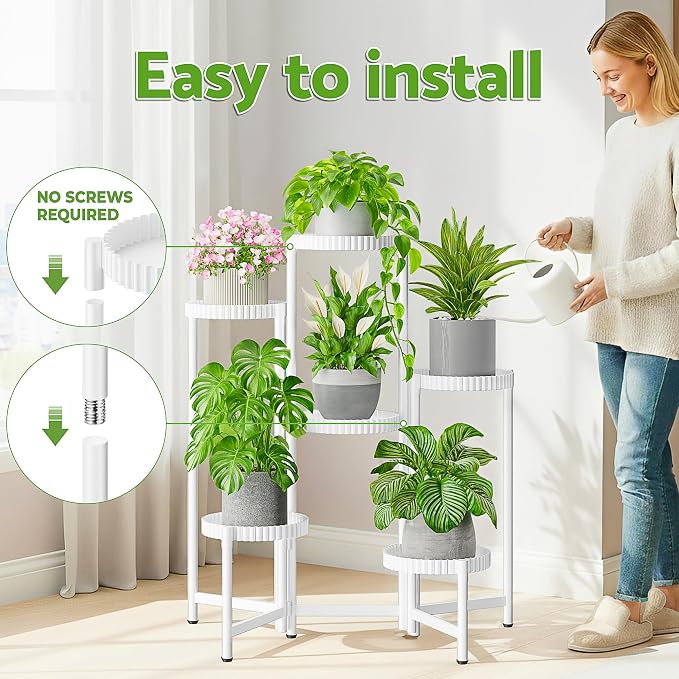 6 Tier Large Plant Stand Indoor with 7.9 Inch Wide Tray, Tiered Corner Metal Outdoor Flower Display Holder Shelf, Foldable Tall Rack for Patio Porch Living Room - WhiteFloroma