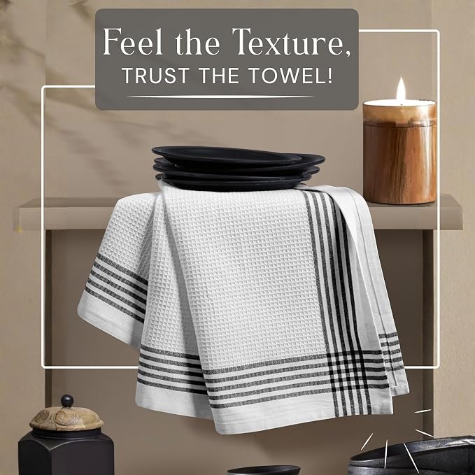 Waffle White & Black 4 Pack Kitchen Dish Towels, 100% Cotton, 16x26 inches, Wash Rags for Drying Dishes, Highly Absorbent, Long Lasting Hand Towels Set for Daily Cooking & Cleaning
