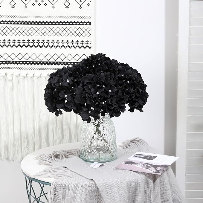 Fake Black Hydrangea Artificial Flowers - Faux Silk Hydrangeas Flowers Heads with Stems Real Touch for Home Wedding Party Table Decor(Black,Black of 10)