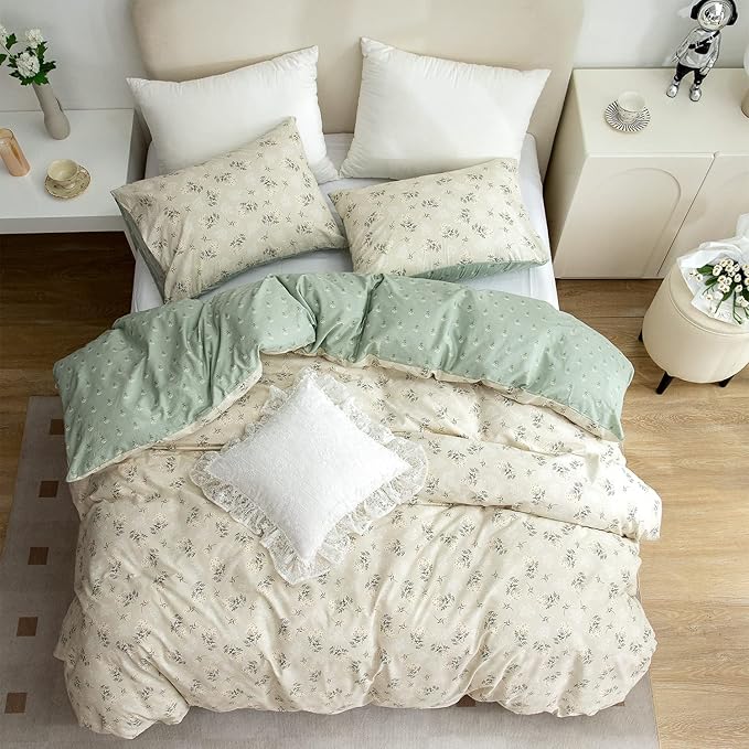 Floral Queen Comforter Set 3 Pieces Soft Chic Garden Style Green Floral Print Lightweight Botanical Flower Comforter Set for All Seasons 1 Comforter and 2 Pillowcases