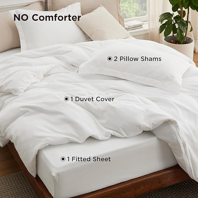 Bedsure Duvet Cover with Fitted Sheet Queen - Warm Deep Pocket, Hotel Luxury Soft Double Brushed Bedding Set with Zipper Closure, 1 Duvet Cover, 1 Fitted Sheet, 2 Pillow Shams, NO Comforter, White