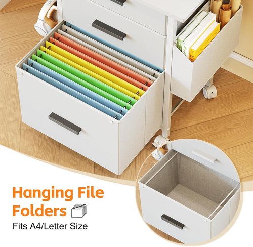Mexin 3 Drawer File Cabinet - Mobile Printer Stand with 24'' Extended Desktop | White Fabric Drawers