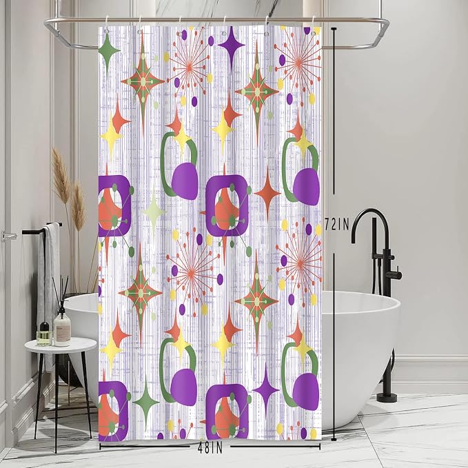 Mid Century Shower Curtain, 48x72inch, Modern Abstract Retro Purple Striped Geometric Shower Curtain Sets 1950s Boho Bathroom Shower Curtain with 8 Hooks