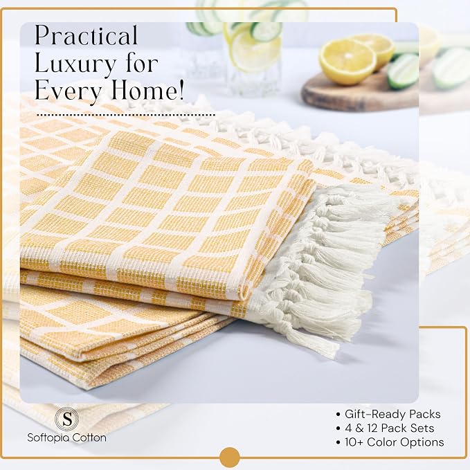 Matrix Dobby Kitchen Towels 4 Pack 100% Cotton, 16x26 Inches, Decorative Tea Towels with Handmade Tassels, Absorbent Washable Wash Cloths for Kitchen Drying - Mustard Yellow, Natural