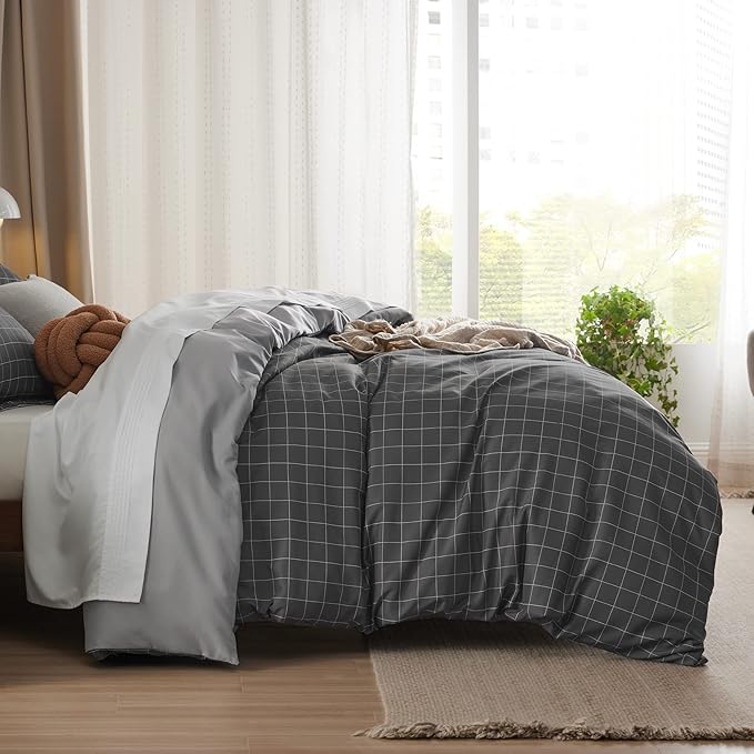 Bedsure Duvet Cover Twin Size - Reversible Plaid Duvet Cover Set with Zipper Closure, 2 Pieces Dark Grey Bedding Set with 8 Corner Ties and 1 Pillow Sham 20"x26"