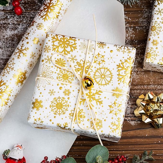 Flyhill Kraft Christmas White Wrapping Paper,Gold Luxury Snowflake Metallic Gold Embossed Foil Gift Wrap Roll Design for Holiday, Party,Celebration, New Year (17 Inch X 32.8 Feet)