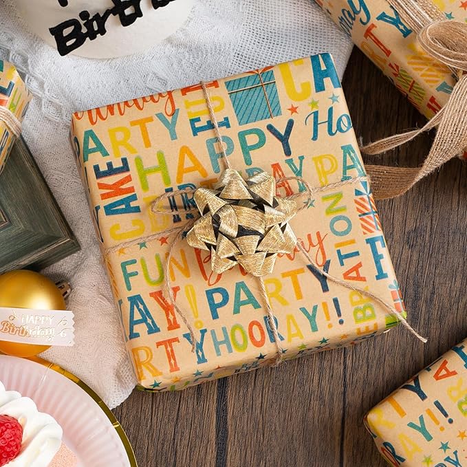 Burymento Kraft Birthday Wrapping Paper for Boys & Girls - Colorful Happy Birthday Pattern - Great for Parties & Baby Showers - Mini Roll - 17 Inches X 33 Feet