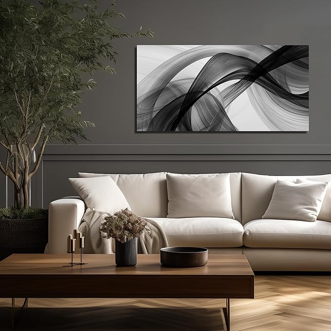 JuhaiArt Abstract Wall Art Large Black Picture Wall Decor White Canvas Art Modern Minimalist for Living Room Office 24"x 48" Monochrome Artwork