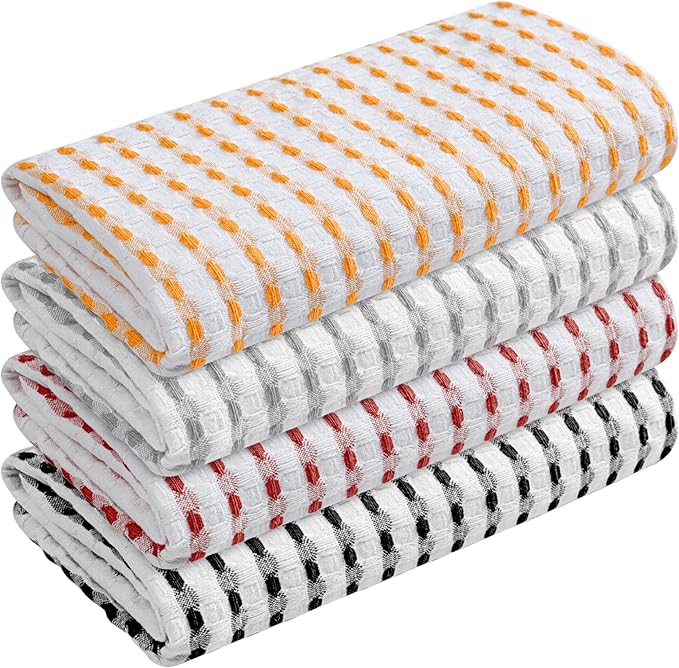 TWINY threads Multi Colors White Waffle Towels 4 Pack, 16x26 Inches Absorbent Waffle Weave Kitchen Dish Cloth Set, Soft, Durable & Machine Washable Tea Towel, Light Grey, Rust, Mustard Yellow, Black