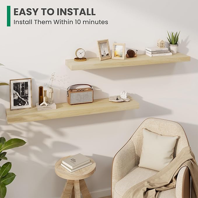 Solid Wood Floating Shelves For Wall, 48”W x 9”D x 1.56”H Large Wall Shelves for Living Room Bedroom Bathroom Kitchen Drcor Storage with Invisible Heavy-Duty Metal Bracket, Natural, Set of 1