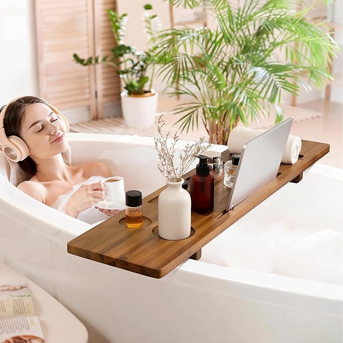 Teak Bathtub Tray - Wood Bath Caddy Tray 35" for Large Tubs - Adjustable Bathtub Table Trays - Luxury Shower Organizer for Home Spa Relaxation and Reading - Light Walnut Color