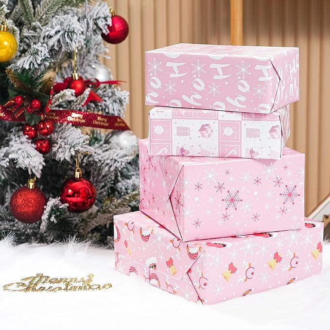 PlandRichW Pink Christmas Wrapping Paper 12 Sheets Folded for Girls Kids Adults, 20 x 29 inches Gift Wrap 4 Designs including HO Prints, Santa Claus, Snowflakes and Reindeer Holiday Collection