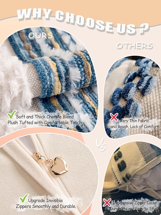 KOOLIFE Boho Chenille Tufted Couch Throw Pillow Covers 18x18 Inch Set of 2 Farmhouse Striped Decorative Pillow Covers Accent Neutral Square Pillowcase Blue Cushion Covers for Livingroom Sofa Bed