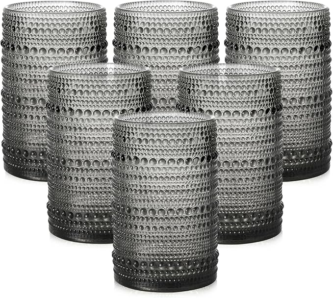 ZMOWIPDL Vintage Glassware Drinking Glasses Set of 6,15 oz Hobnail Glass Cups,Embossed Grey Water Tumbler,for Beer,Cocktail,Whiskey,Juice and Various Mixed Drinks- 1 Cleaning Brush
