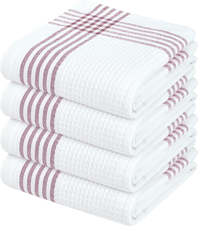 Waffle White & Burgundy Wine Dish Towels Set of 4, 100% Cotton, 16x26 inches, Reusable Cleaning Cloths for Drying Dishes, Quick Dry Kitchen Towel, Durable for Heavy-Duty Use