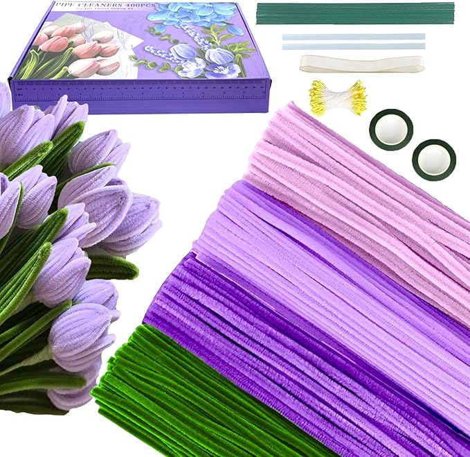 Pipe Cleaners Flower Craft Kit,Chenille Stems Craft DIY Bouquet Making Set with Floral Wires, Gardening Tape, Stamens & Ribbon for Home Decor-Holiday Decorations,Gifts - 400 Pcs(Purple)