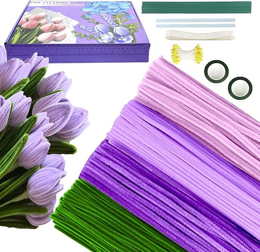 Pipe Cleaners Flower Craft Kit,Chenille Stems Craft DIY Bouquet Making Set with Floral Wires, Gardening Tape, Stamens & Ribbon for Home Decor-Holiday Decorations,Gifts - 400 Pcs(Purple)