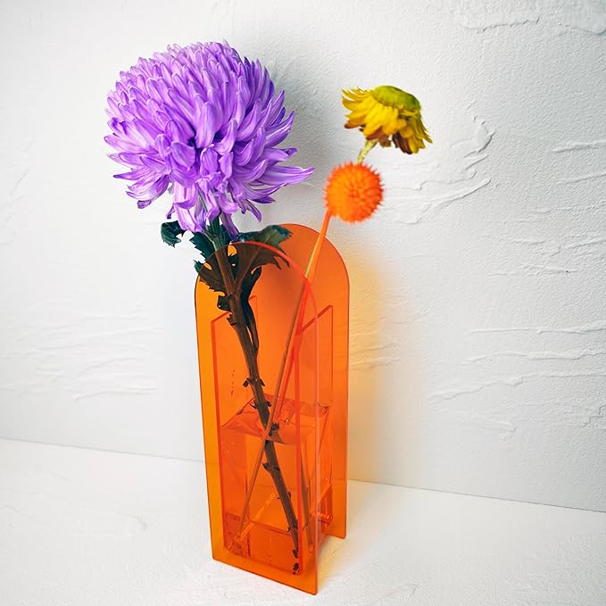Acrylic Vase Creative Gifts Minimalist Design Wedding Centerpiece Home Office Decor Elegant Floral Display Stand(Not Including Flowers) (Full-Orange, 1PCS)