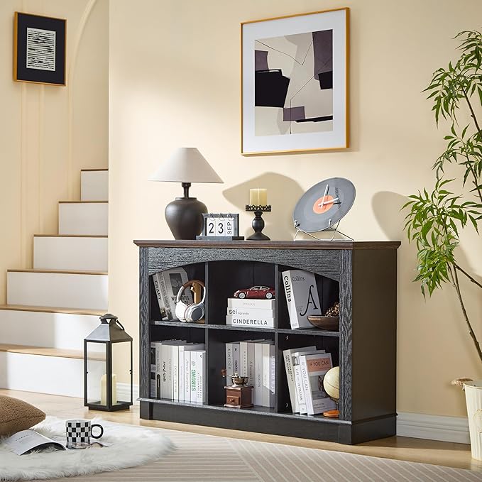 Black Bookshelf, 6-Cube Bookcase and Kids Bookshelf, Wooden Storage Cabinet with Cube Organizer, Modern Book Shelf for Bedroom Furniture, Living Room, Office Storage, Toy Organizer, Display Cabinet