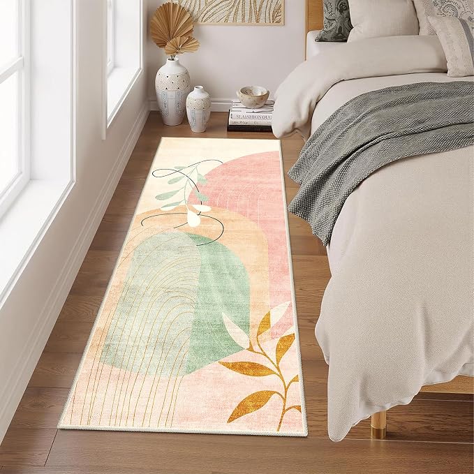 MUJOO Washable 2x6 Runner Rugs for Kitchen Hallway Bedside Bathroom Laundry Room Bedroom Floor,Boho Long Area Rug Non Slip Carpet Throw Rug Mid Century Modern Abstract Botanical Geometric Pink