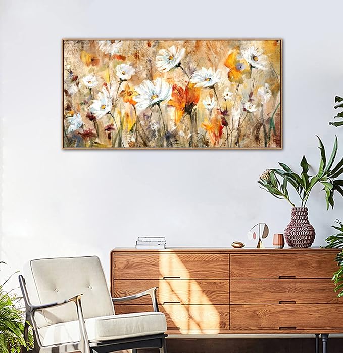 Framed Wall Art Wildflowers Canvas Wall Pictures Abstract Daisy Flowers Canvas Prints Orange Yellow Floral Landscape Painting Artwork for Living Room Bedroom Kitchen Home Office Decor 24"x 48"
