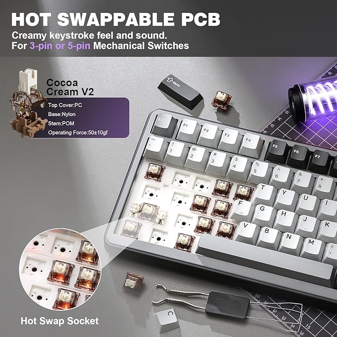 YUNZII B75 PRO Wireless Mechanical Keyboard,75% Layout with Knob,Hot Swap Gasket Custom Structure,Creamy Pre-lubed Switches,RGB Backlit,BT/Type-C/2.4G for Win/Mac(Cocoa Cream V2 Switch,Dark Grey)