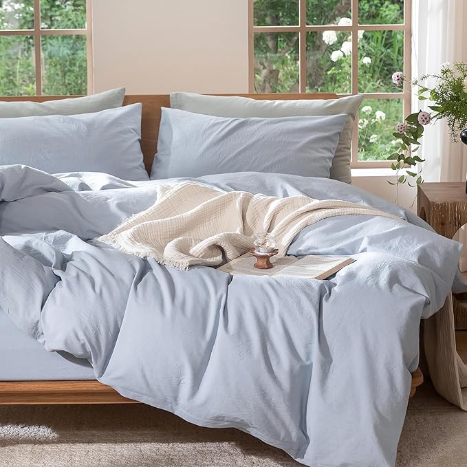 MooMee Bedding Duvet Cover Set 100% Washed Cotton Linen Like Textured Breathable Durable Soft Comfy (Heathered Cornflower Blue, Queen 90"x90")
