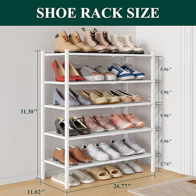Smiry Bamboo Shoe Rack 5-Tier, Stackable Wooden Shoe Organizer for Entryway & Closet, Free Standing Wood Shoe Storage Shelf for Front Door & Small Spaces, White