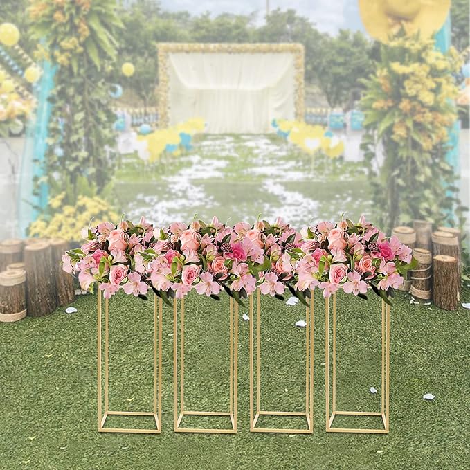 4PC 23.6" Flower Stand for Wedding Metal Cylinder Stands for Party Rectangular Gold Centerpieces Flower Vase Gold Pedestal Columns for Weddings Indoor Outdoor Flower Plant Stand Decoration