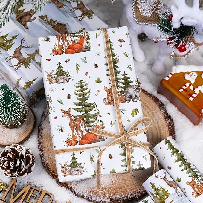 MAYPLUSS Christmas Wrapping Paper - 17" X 120" Per Roll - Vintage Watercolor Christmas Cottage, Wild Deer & Happy Polar Bears Gift Wrap Paper Winter Forest Landscape Design for Holiday