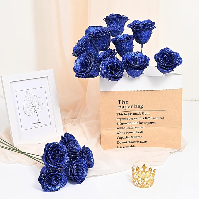 Waipfaru 36 Pcs Glitter Roses Bouquet, DIY Fake Flowers Bouquet, Artificial Blue Rose Bouquet for Valentines, Mothers Day Gifts, Anniversary, Engagement, Wedding