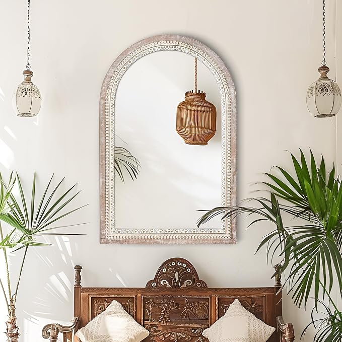 24 * 32 inch Arched Wall Mounted Mirror, Wood Decorative Mirrors, Boho Mirrors with Beaded Frame, Rustic Vanity Mirror, Distressed Mirror for Bathroom, Living Room, Bedroom, Entryway