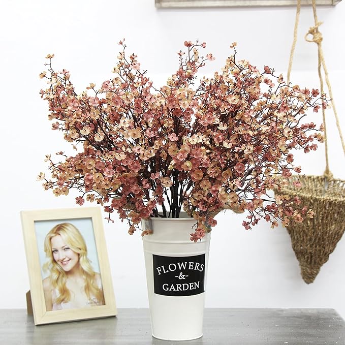 JAKY-Global Babys Breath Silk Artificial Flowers Bulk With Vase 10pcs for Fall Decor Fake flower bouquet Home Kitchen Indoor Bouquet Floral Arrangement Table Centerpieces Decor(Beige Brown Vase)