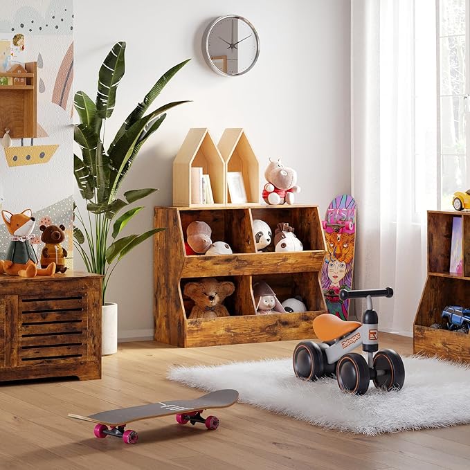 DINZI LVJ Kids Bookshelf, Toy Storage Organizer, Wooden Toy Storage Cabinet, 4 Cubby Children Bookcase, 35.4" L Toddler Book Shelf for Bedroom, Nursery, Hallway, School, Rustic Brown