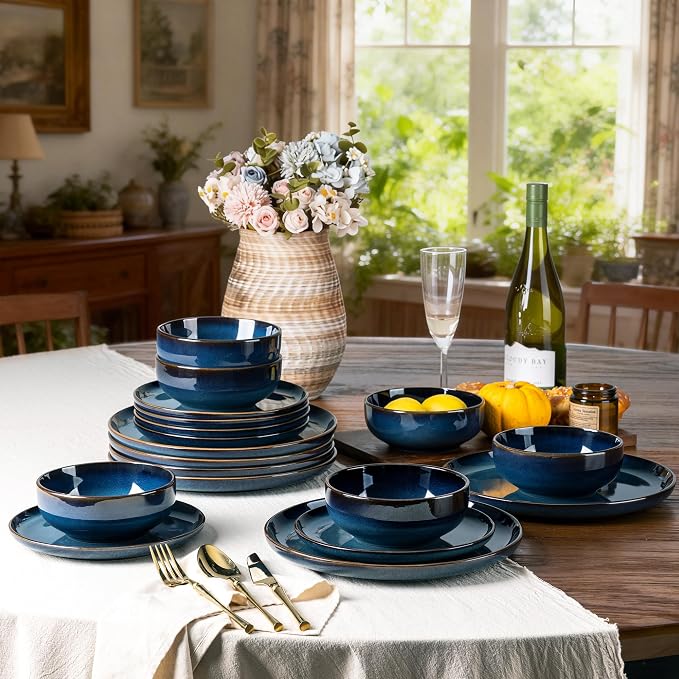 GBHOME Ceramic Dinnerware Sets for 4, 12 Pieces Stoneware Plates and Bowls Sets, Scratch Resistant Dishes, Dishwasher & Microwave Safe, Reactive Glaze-Pacific Blue