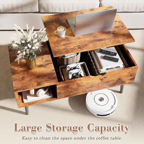 OLIXIS Wooden Coffee Table - Lift Top Design with Hidden Storage Compartment | Rustic Style for Small Spaces