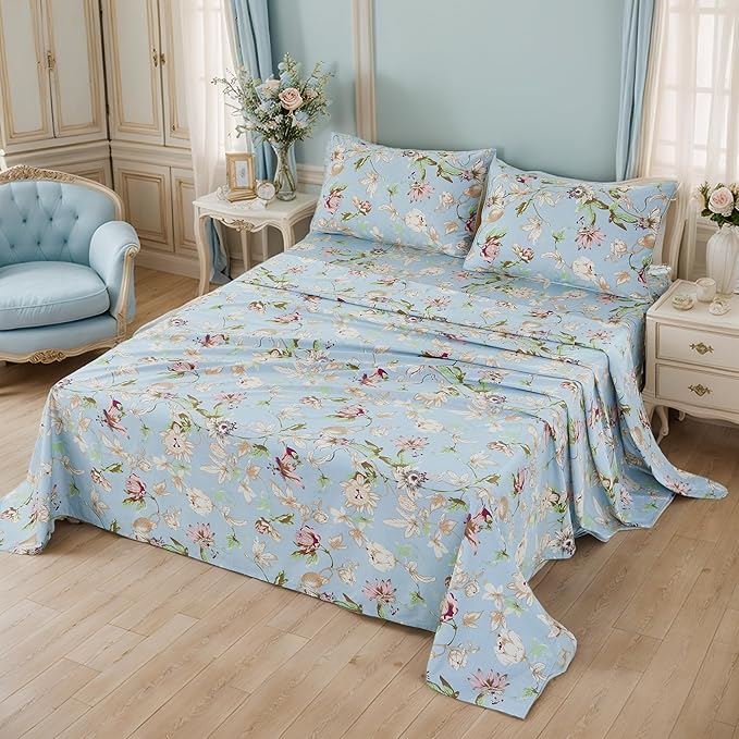 Brandream Floral Bedding Botanical Flower Farmhouse King Size Sheets Set Luxury Bedding Collections 800 Thread Count 100% Egyptian Cotton Deep Pocket, 4 Piece Blue