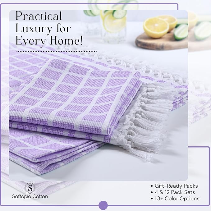 Matrix Dobby Kitchen Towels 12 Pack, 16x26 Inches, 100% Cotton, Absorbent Reusable Dish Cloths with Handmade Tassels, Washable Hand Towels for Drying - Lavender, White