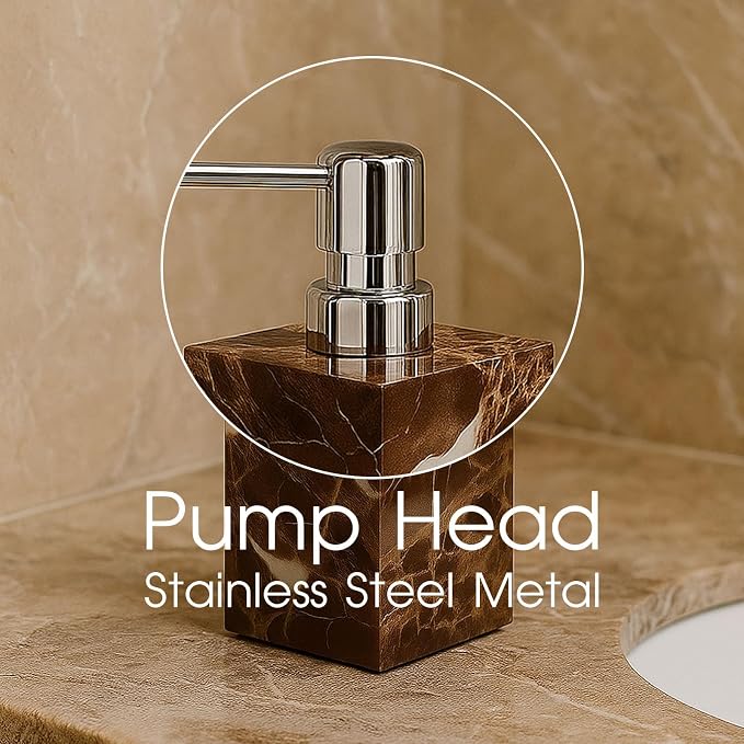 Real Natural Marble Soap Dispenser with Stainless Steel Pump Decorative Liquid Hand Soap Bottle for Kitchen Bathroom, Compatible with Lotion, Dish Soap Shower Gel (Coffee 1 Set)