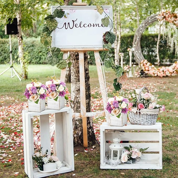 Dandat 4 Sets Wooden Cube Planter Boxes for Centerpiece 4 Inch Flower White Wood Rustic Square Vase with Removable Plastic Liner Floral Foam Block for Garden Wedding Christmas Home Arrangement Decor