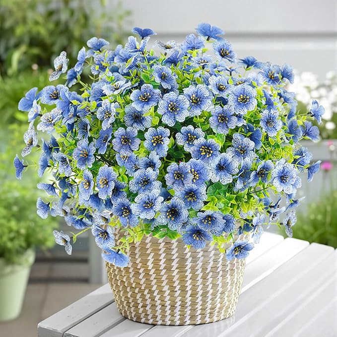 Artificial Flowers Outdoor Faux Plants UV Resistant Fake Patio Flowers Plastic Greenery Plnats Outside Bulk for Spring Garden Hanging Planter Home Vase Decor, 12 Bundles (Blue)