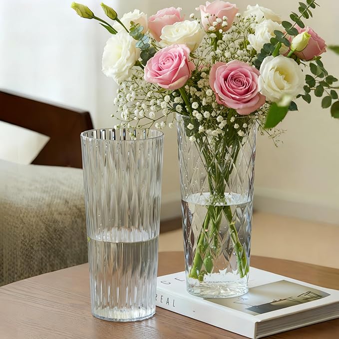 2 Clear Plastic Flower Vase, 10.2" Acrylic Rose Bouquet Vases for Home Decor Centerpieces Wedding Birthday Mothers (D4.6 2 + 2 Holder)