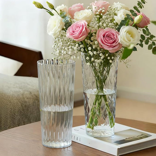 2 Clear Plastic Flower Vase, 10.2" Acrylic Rose Bouquet Vases for Home Decor Centerpieces Wedding Birthday Mothers (D4.6 2 + 2 Holder)